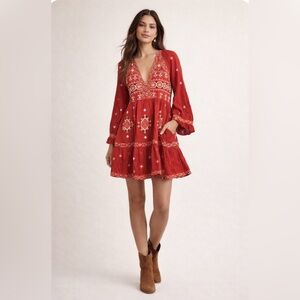 Anthropologie Embroidered Boho Peasant Dress Red Long Sleeve Lined Pockets Sz L